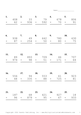 Three by Two Digit Problem Set AM Multiplication Worksheet