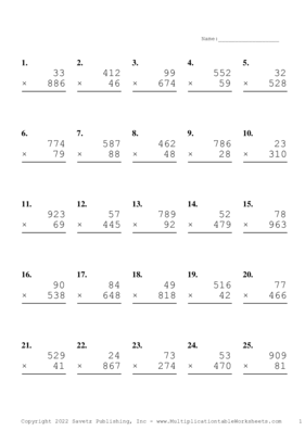 Three by Two Digit Problem Set AN Multiplication Worksheet