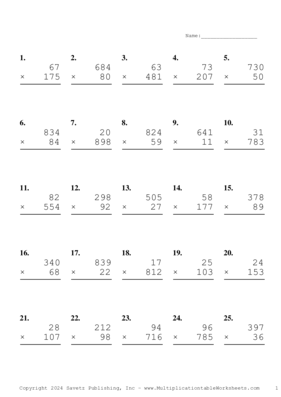 Three by Two Digit Problem Set AR Multiplication Worksheet