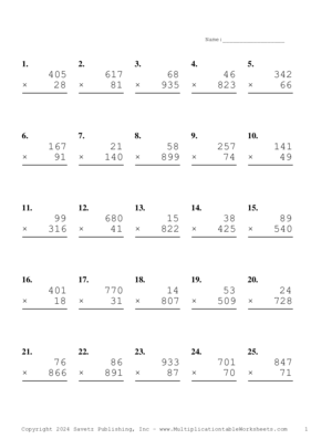 Three by Two Digit Problem Set AS Multiplication Worksheet