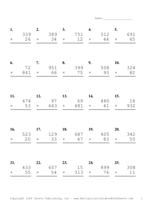 Three by Two Digit Problem Set AT Multiplication Worksheet