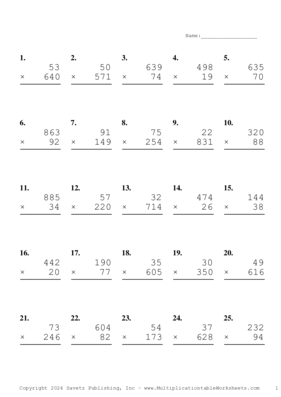 Three by Two Digit Problem Set BB Multiplication Worksheet