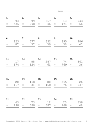 Three by Two Digit Problem Set BC Multiplication Worksheet