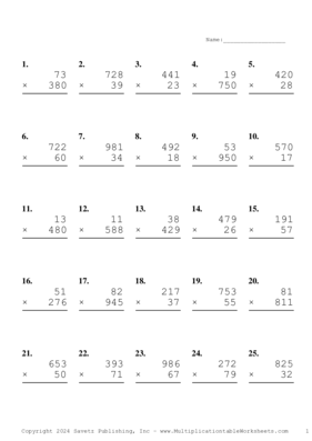 Three by Two Digit Problem Set BD Multiplication Worksheet