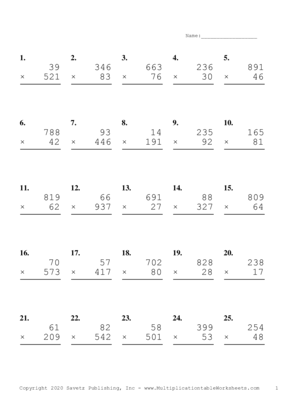 Three by Two Digit Problem Set D Multiplication Worksheet