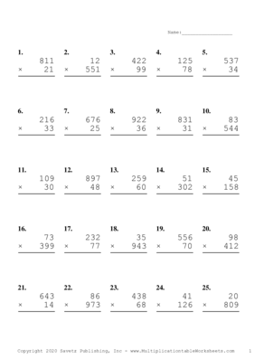 Three by Two Digit Problem Set E Multiplication Worksheet