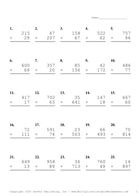 Three by Two Digit Problem Set F Multiplication Worksheet