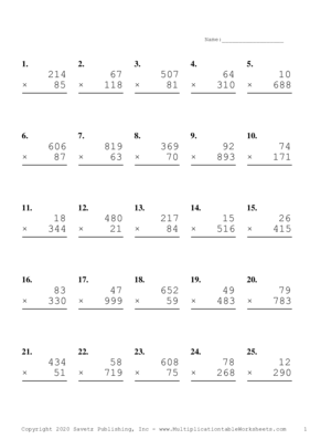 Three by Two Digit Problem Set G Multiplication Worksheet