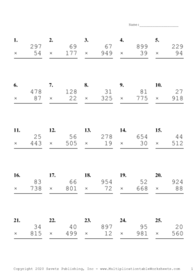 Three by Two Digit Problem Set H Multiplication Worksheet
