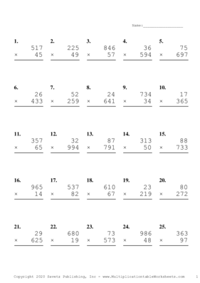 Three by Two Digit Problem Set I Multiplication Worksheet