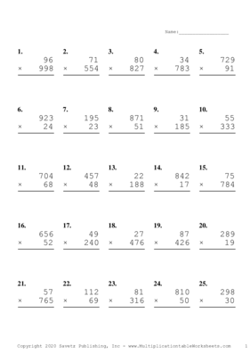 Three by Two Digit Problem Set J Multiplication Worksheet