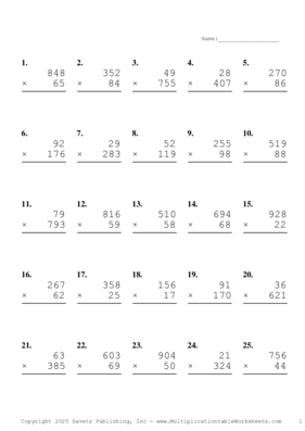 Three by Two Digit Problem Set K Multiplication Worksheet