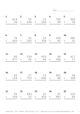 Three by Two Digit Problem Set L Multiplication Worksheet