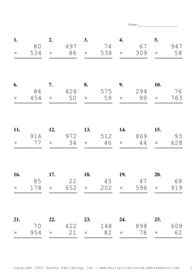 Three by Two Digit Problem Set M Multiplication Worksheet