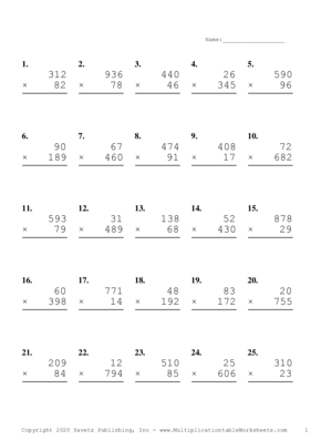 Three by Two Digit Problem Set N Multiplication Worksheet