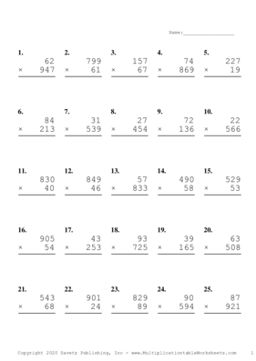 Three by Two Digit Problem Set O Multiplication Worksheet