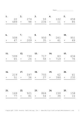 Three by Two Digit Problem Set P Multiplication Worksheet