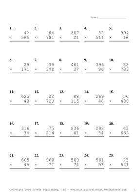 Three by Two Digit Problem Set Q Multiplication Worksheet