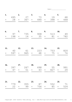 Three by Two Digit Problem Set R Multiplication Worksheet