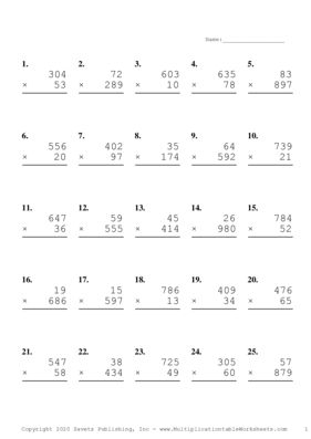 Three by Two Digit Problem Set T Multiplication Worksheet