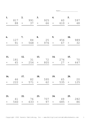 Three by Two Digit Problem Set U Multiplication Worksheet