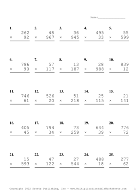 Three by Two Digit Problem Set V Multiplication Worksheet