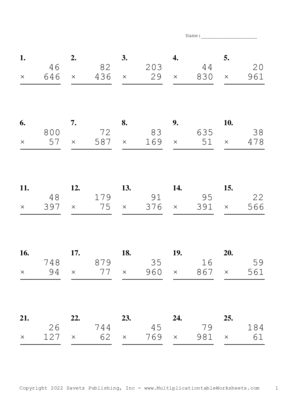 Three by Two Digit Problem Set W Multiplication Worksheet