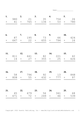 Three by Two Digit Problem Set X Multiplication Worksheet