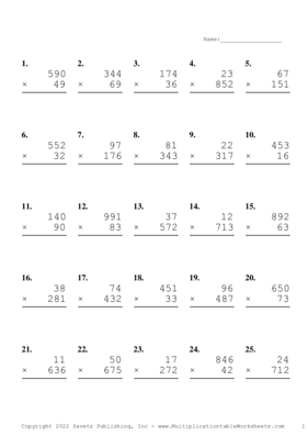 Three by Two Digit Problem Set Y Multiplication Worksheet