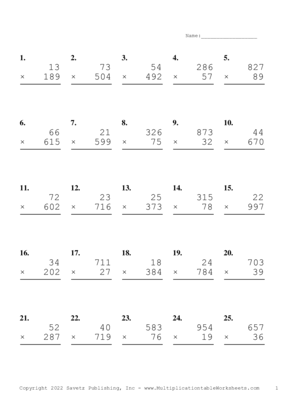 Three by Two Digit Problem Set Z Multiplication Worksheet