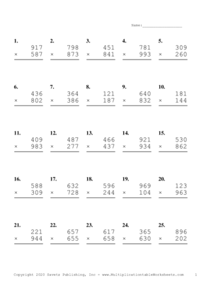 Triple Digits Problem Set A Multiplication Worksheet