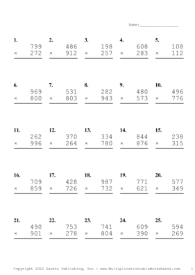 Triple Digits Problem Set AA Multiplication Worksheet