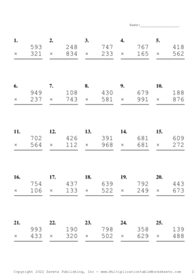 Triple Digits Problem Set AB Multiplication Worksheet