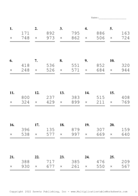 Triple Digits Problem Set AD Multiplication Worksheet