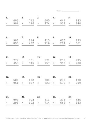 Triple Digits Problem Set AE Multiplication Worksheet