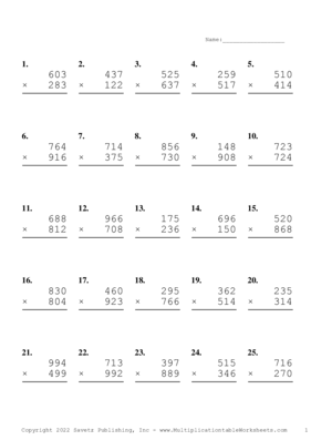 Triple Digits Problem Set AG Multiplication Worksheet