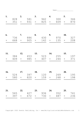 Triple Digits Problem Set AI Multiplication Worksheet