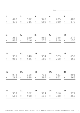 Triple Digits Problem Set AJ Multiplication Worksheet