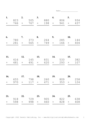 Triple Digits Problem Set AK Multiplication Worksheet