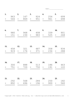 Triple Digits Problem Set AL Multiplication Worksheet