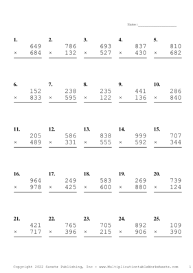Triple Digits Problem Set AM Multiplication Worksheet
