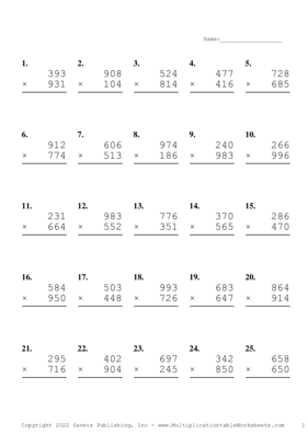 Triple Digits Problem Set AN Multiplication Worksheet