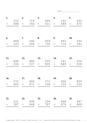 Triple Digits Problem Set AO Multiplication Worksheet