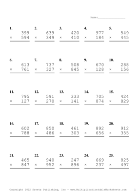 Triple Digits Problem Set AP Multiplication Worksheet