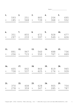 Triple Digits Problem Set AQ Multiplication Worksheet