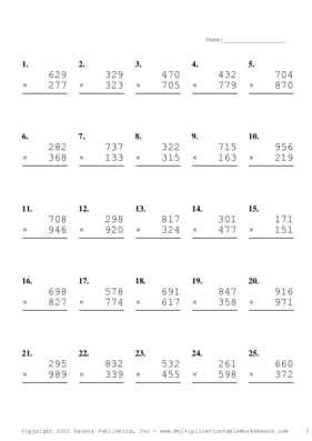 Triple Digits Problem Set B Multiplication Worksheet