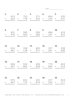 Triple Digits Problem Set D Multiplication Worksheet