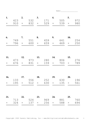 Triple Digits Problem Set E Multiplication Worksheet