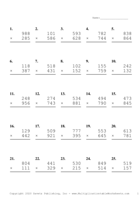 Triple Digits Problem Set F Multiplication Worksheet