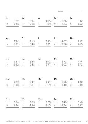 Triple Digits Problem Set G Multiplication Worksheet